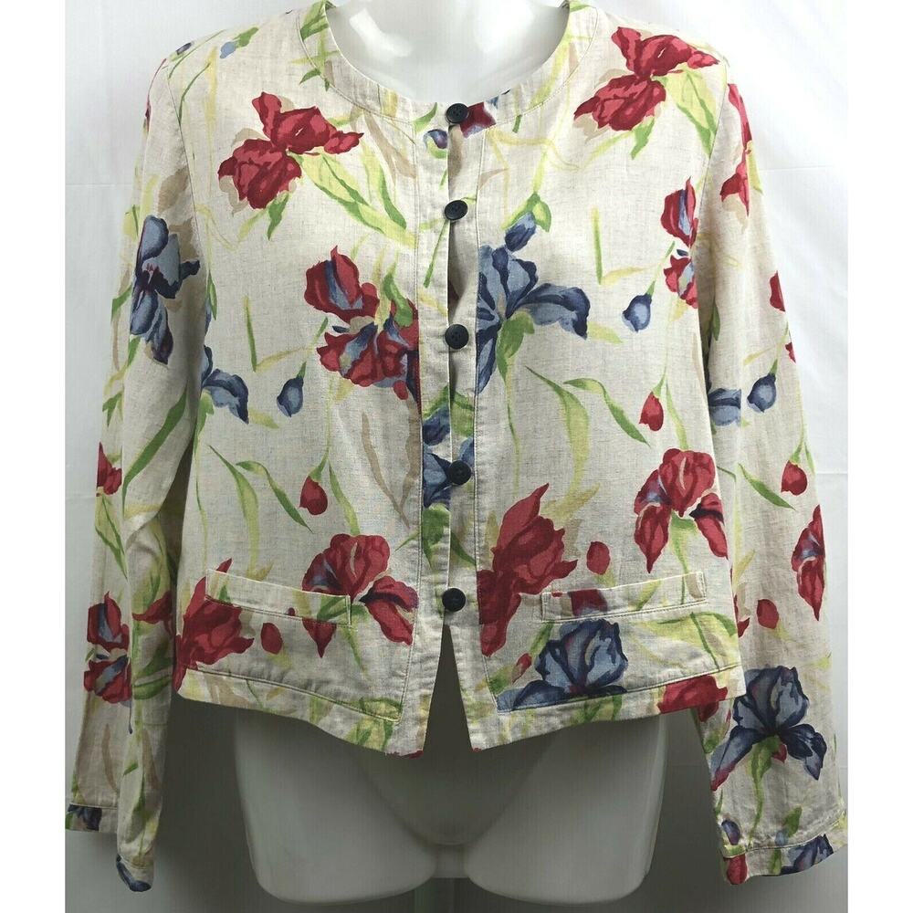 Ruff Hewn Top Women M Beige Floral Button Linen Blend Waist Length Blazer Style